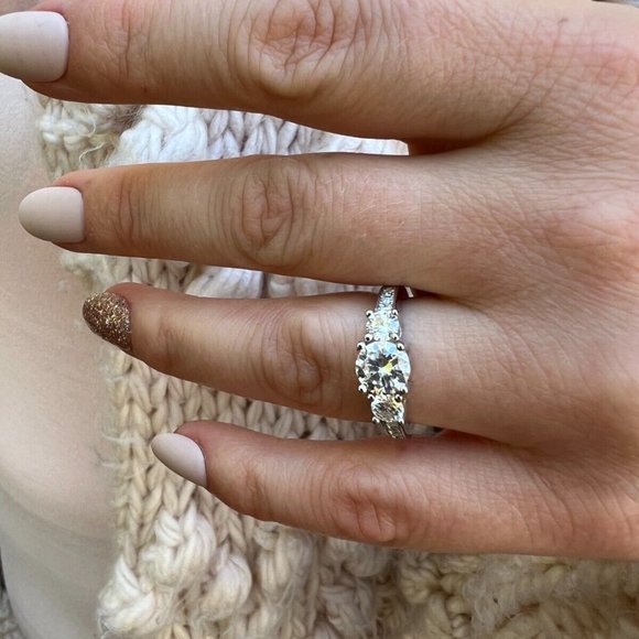 Real Moissanite Promise Engagement Ring Silver Three Stone VVS D Color - Picture 2 of 10